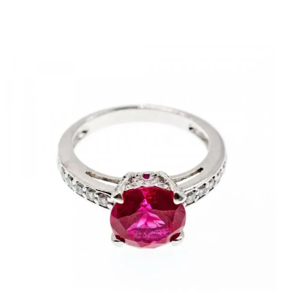 925 Sterling Silver Pink Topaz & CZ Ring Size 7